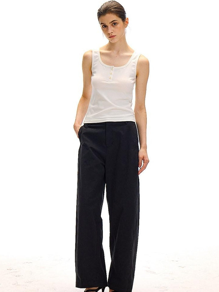 Country Moment Versatile Simple Mid Rise Cotton Stretch Straight Relaxed Black Wide Leg Pants