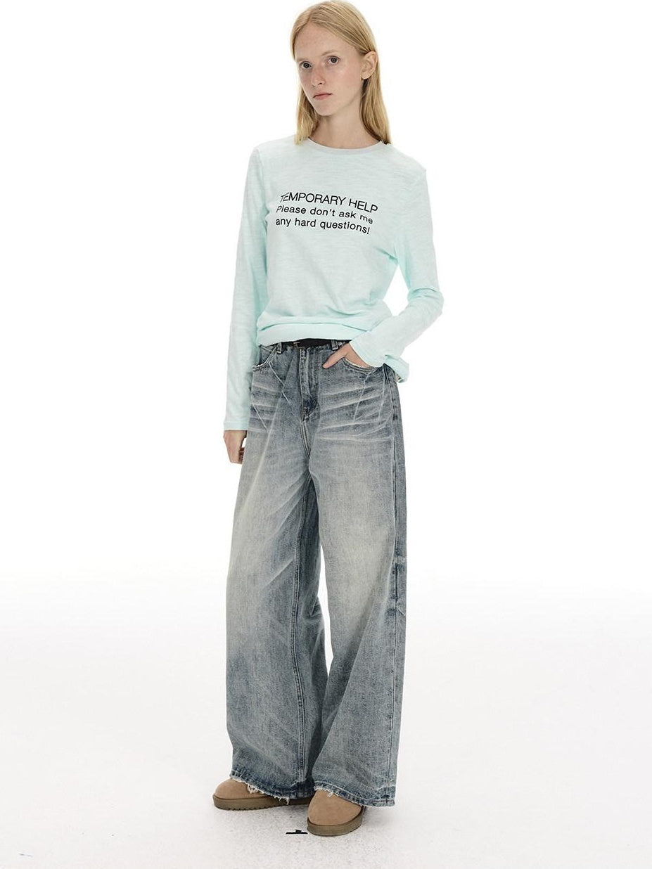 Country Moment Mid Rise Washed Whisker Brushed Cotton Casual Unisex Blue Wide Leg Jeans