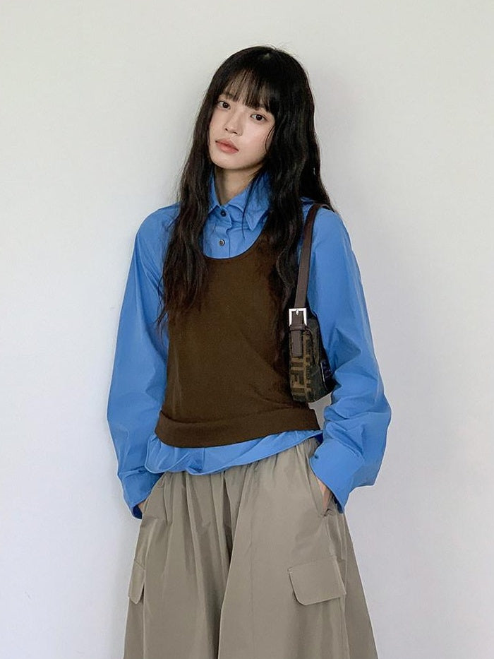 DDGIRL studio Moisture Wicking Pure Cotton Relaxed Polo Collar Button Women Blue Blouses