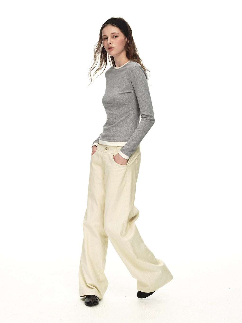 Country Moment Stretch Cotton Layered Slim Fit Casual Women Crewneck Gray Long Sleeve T-Shirts