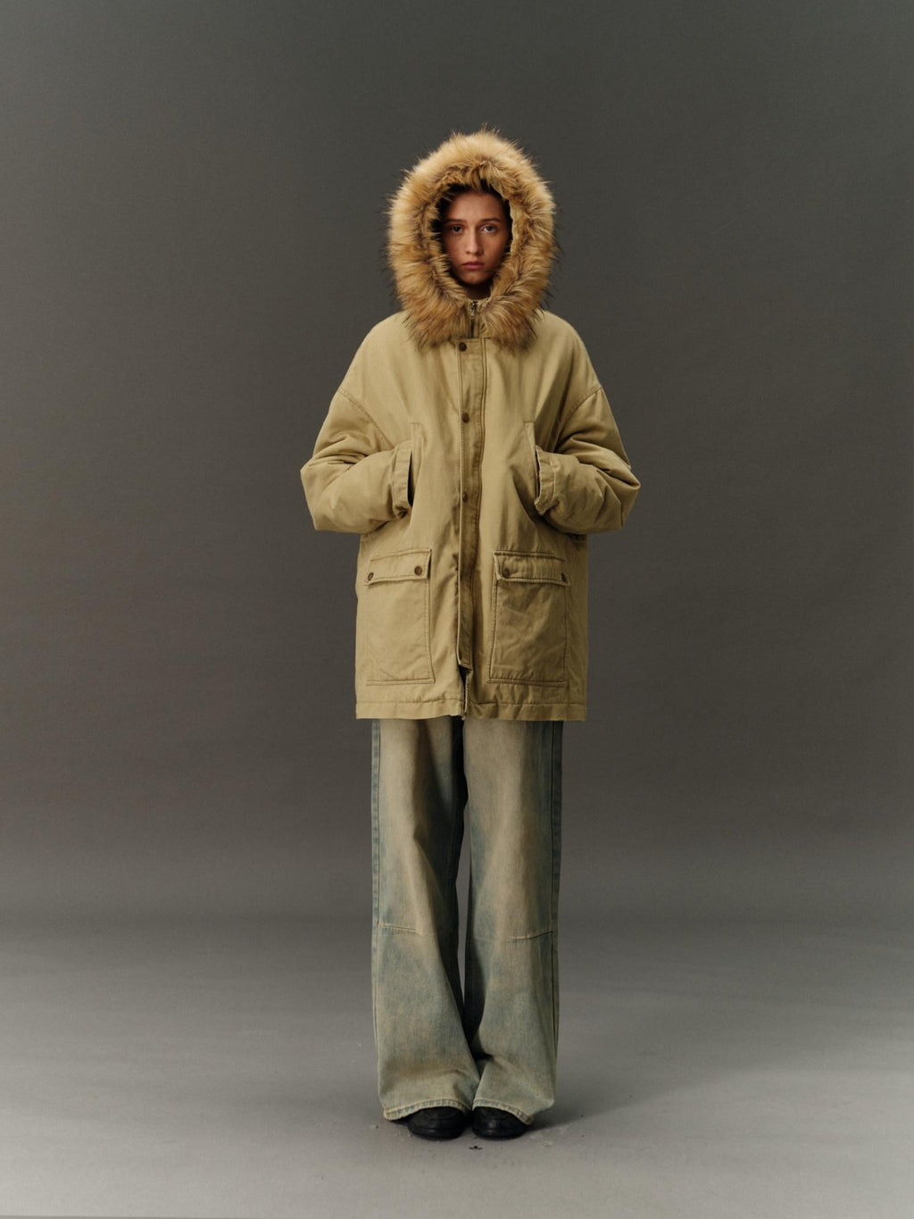 Country Moment Cotton Hooded Straight Fit Mid Length Zipper Street Khaki Green Puffer Jackets