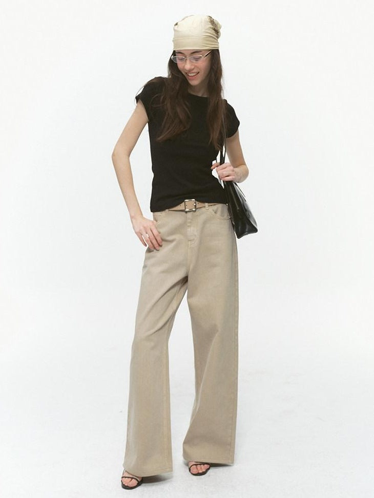Country Moment Durable Washed Khaki Loose Natural Waist Casual Denim Wide Leg Jeans