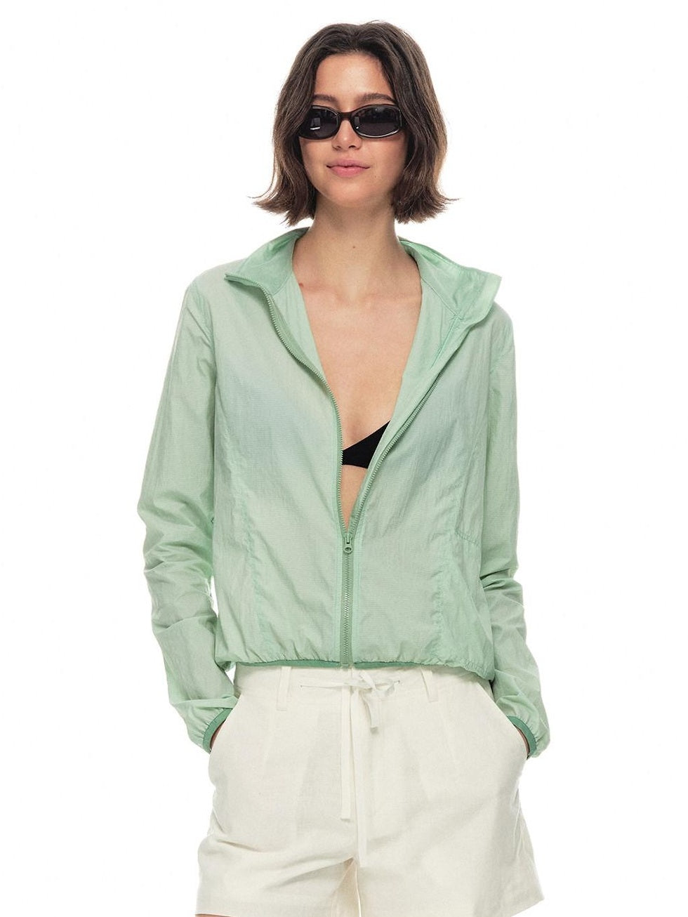 Country Moment Upf50 Packable Nylon Drawstring Hem Women Zip Shirt Green Shirts & Blouses