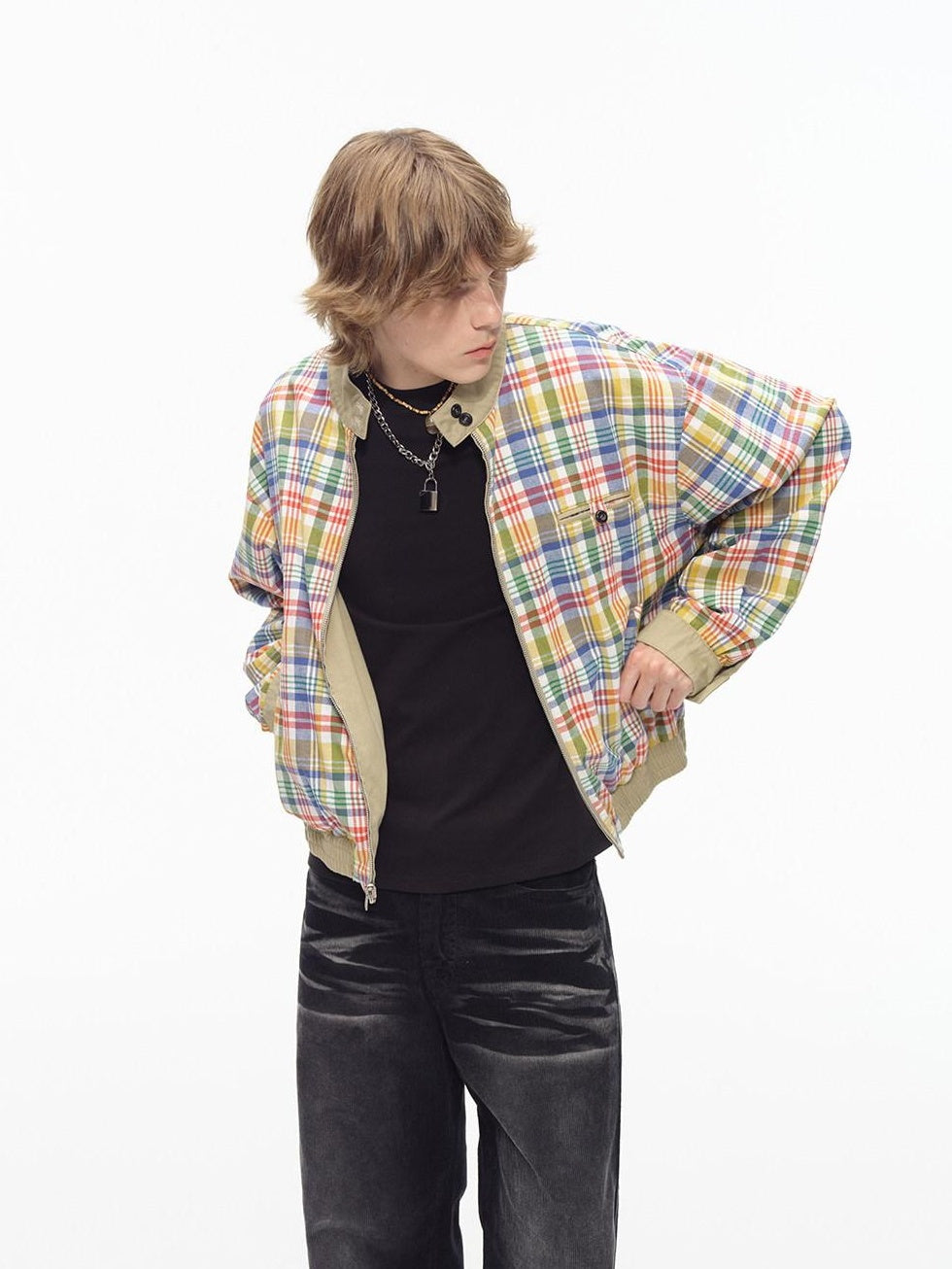 Country Moment Reversible Loose Vintage Plaid Unisex Khaki Cotton Windproof Cropped Jackets