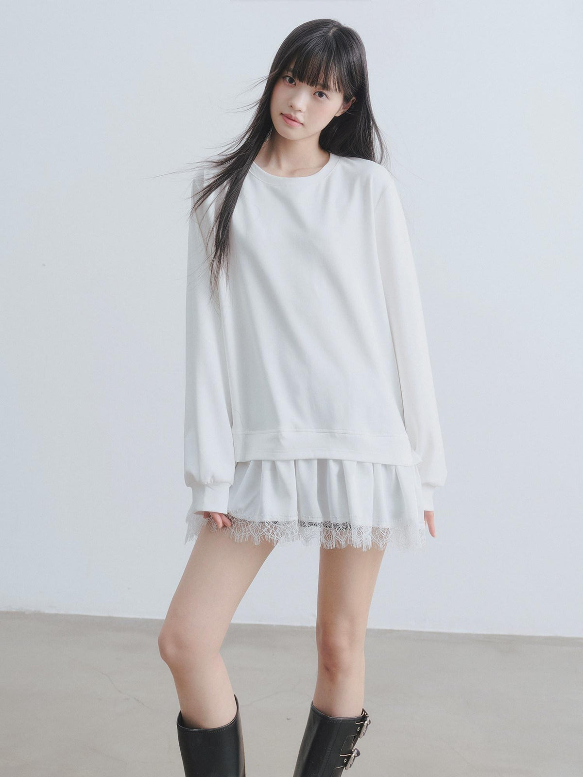 DDGIRL studio Soft Patchwork Loose Sweatshirt Girly Oversized Long Sleeve White Mini Dresses