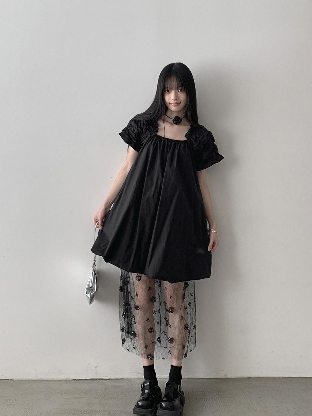 DDGIRL studio 100% Cotton Pullover Bardot Neck A Line Lantern Skirt Workwear Midi Dresses