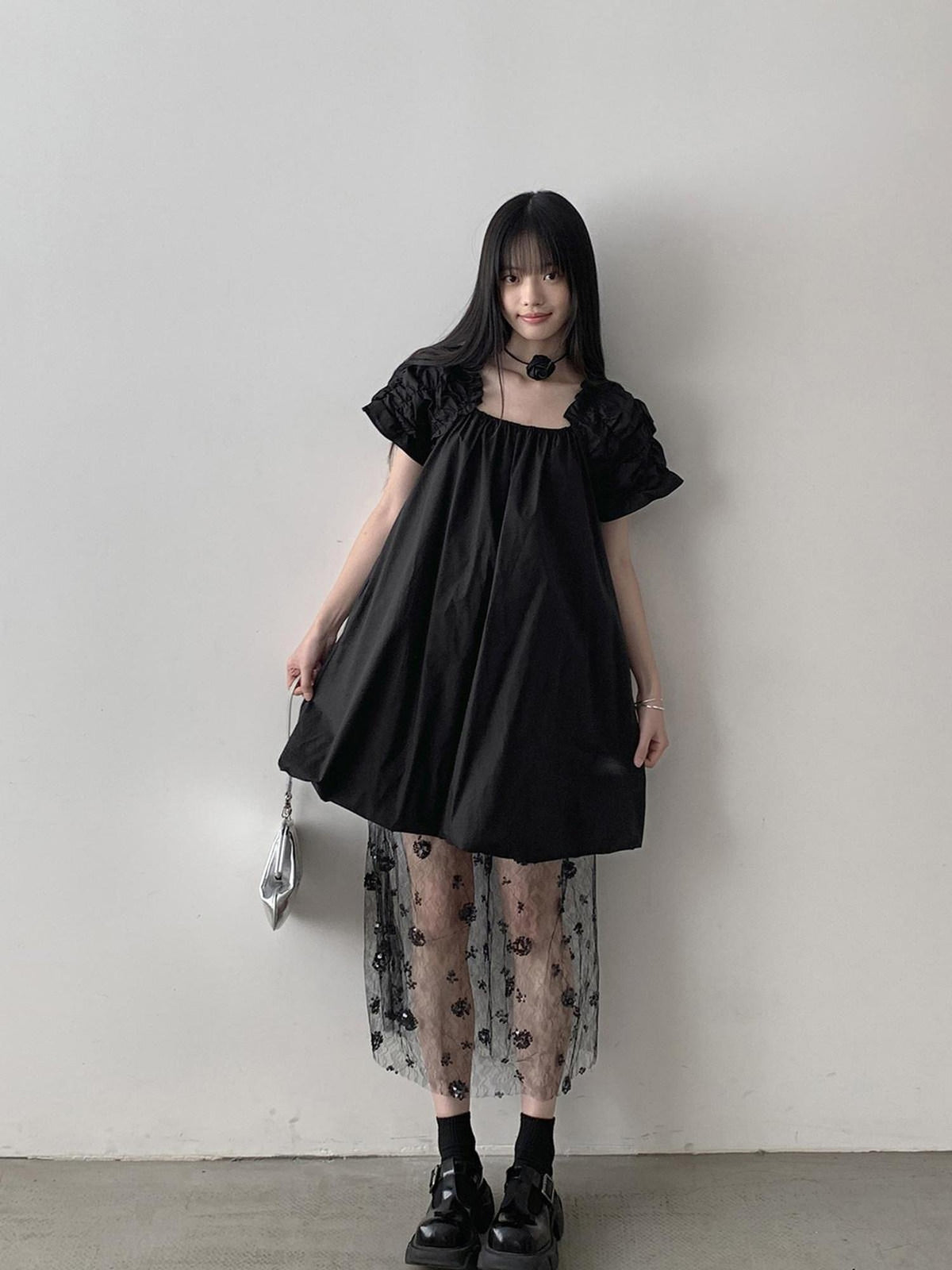 DDGIRL studio 100% Cotton Pullover Bardot Neck A Line Lantern Skirt Workwear Midi Dresses