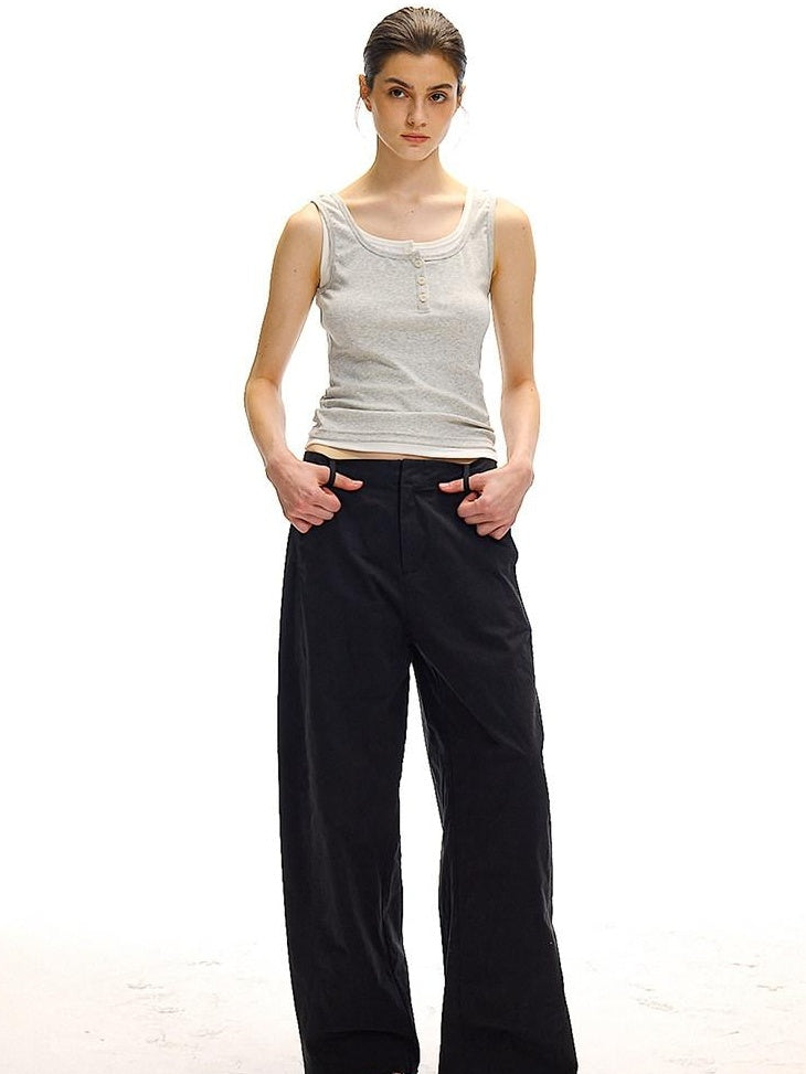 Country Moment Versatile Simple Mid Rise Cotton Stretch Straight Relaxed Black Wide Leg Pants