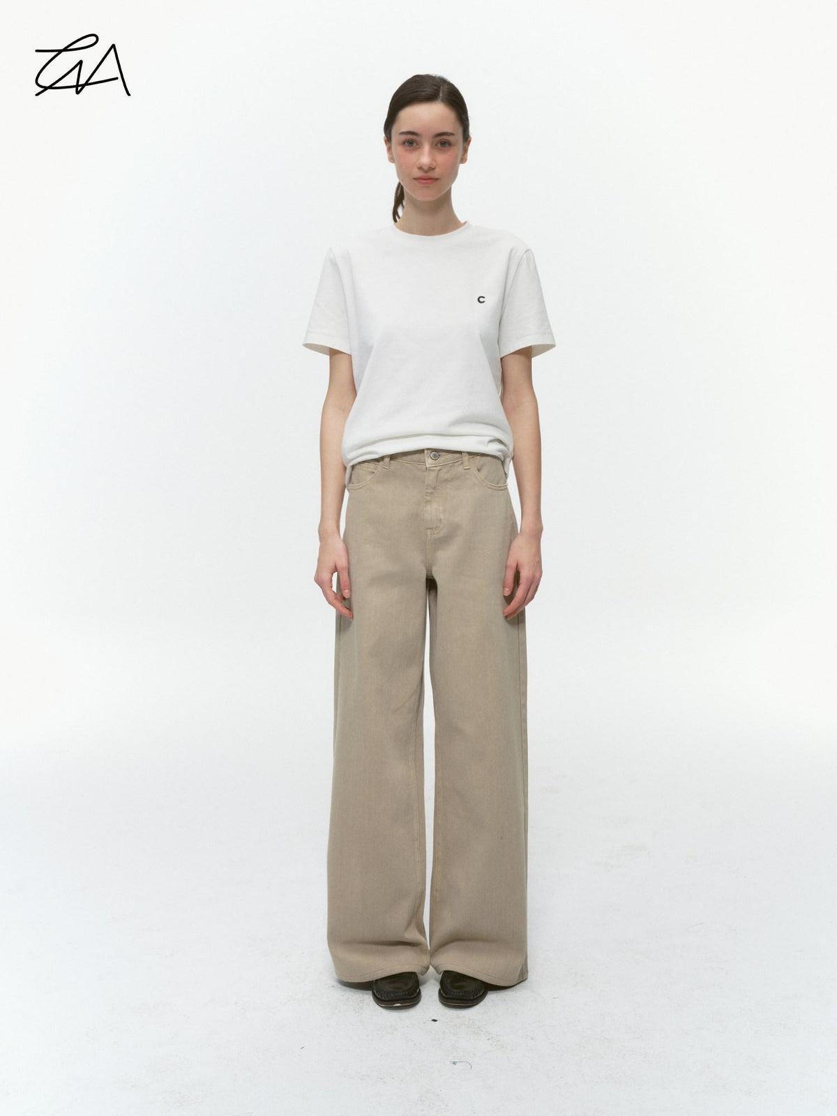 Country Moment Durable Washed Khaki Loose Natural Waist Casual Denim Wide Leg Jeans