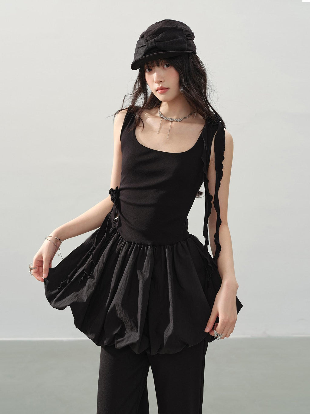 DDGIRL studio Soft Cotton Ruffle Aline Slim Cute Date Sleeveless U Neck Black Mini Dresses