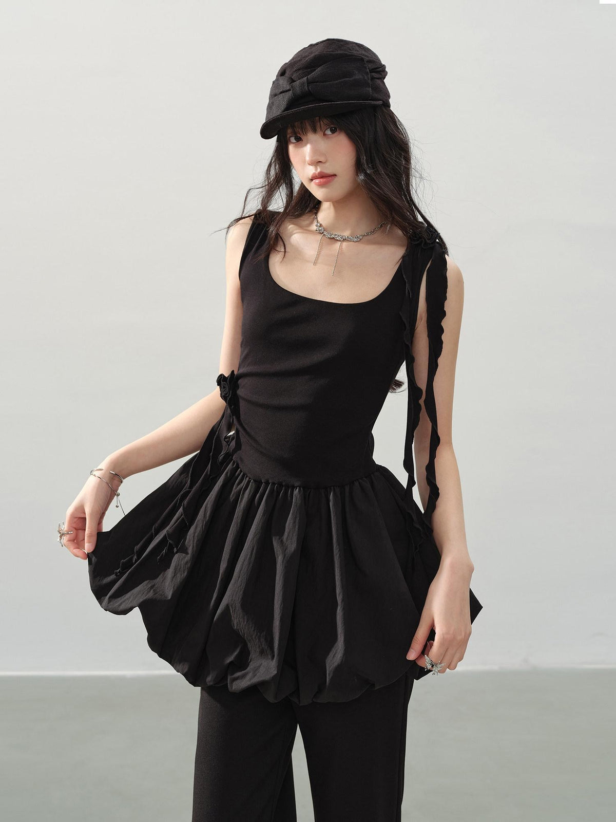 DDGIRL studio Soft Cotton Ruffle Aline Slim Cute Date Sleeveless U Neck Black Mini Dresses