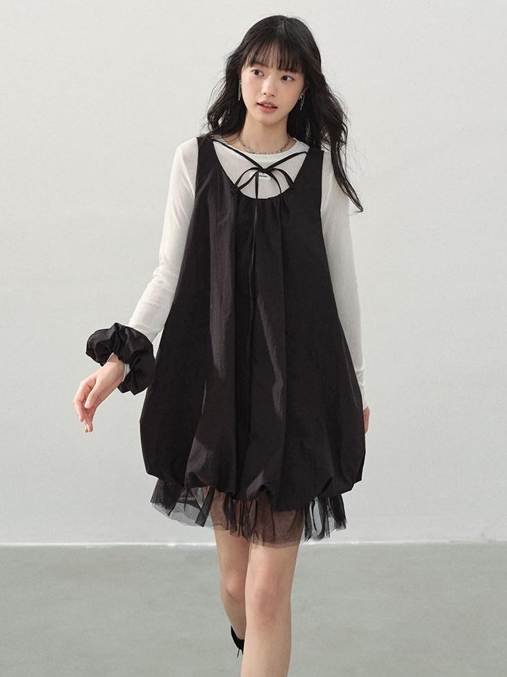 DDGIRL studio Sweet Mesh A Line Black Loose Waist Bubble Skirt U Neck Work Top & Skirt Sets