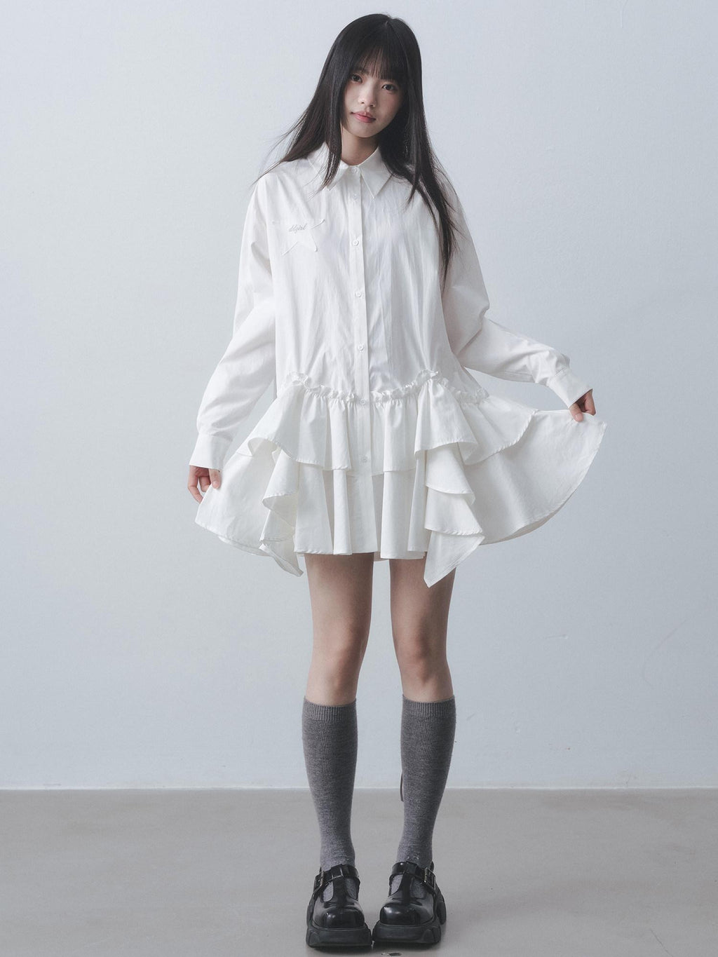 DDGIRL studio High Waist Ruffle Commuter Shirt Dress A Line Women White Button Mini Dresses