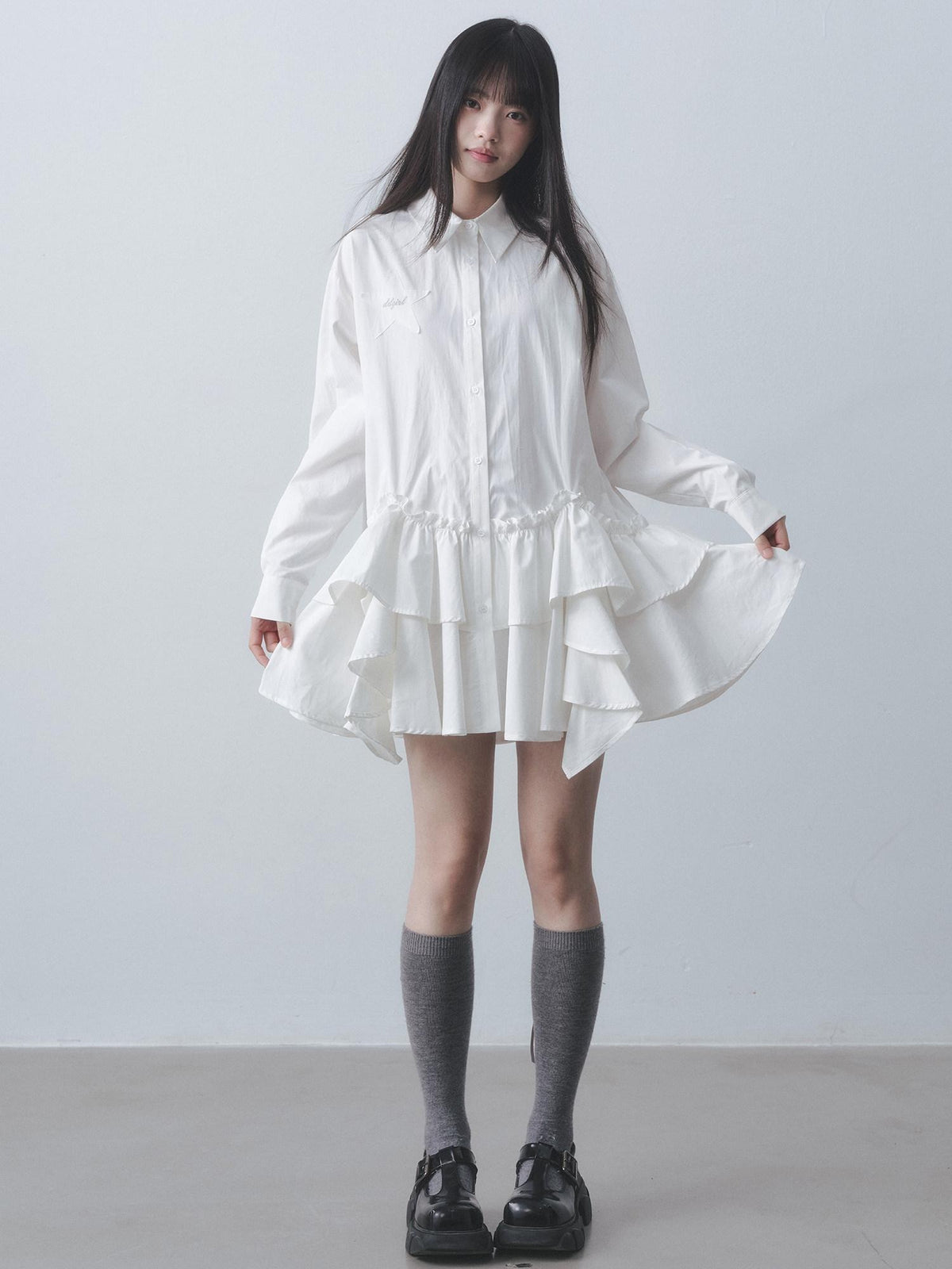 DDGIRL studio High Waist Ruffle Commuter Shirt Dress A Line Women White Button Mini Dresses