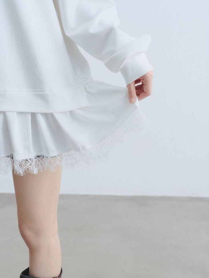 DDGIRL studio Soft Patchwork Loose Sweatshirt Girly Oversized Long Sleeve White Mini Dresses