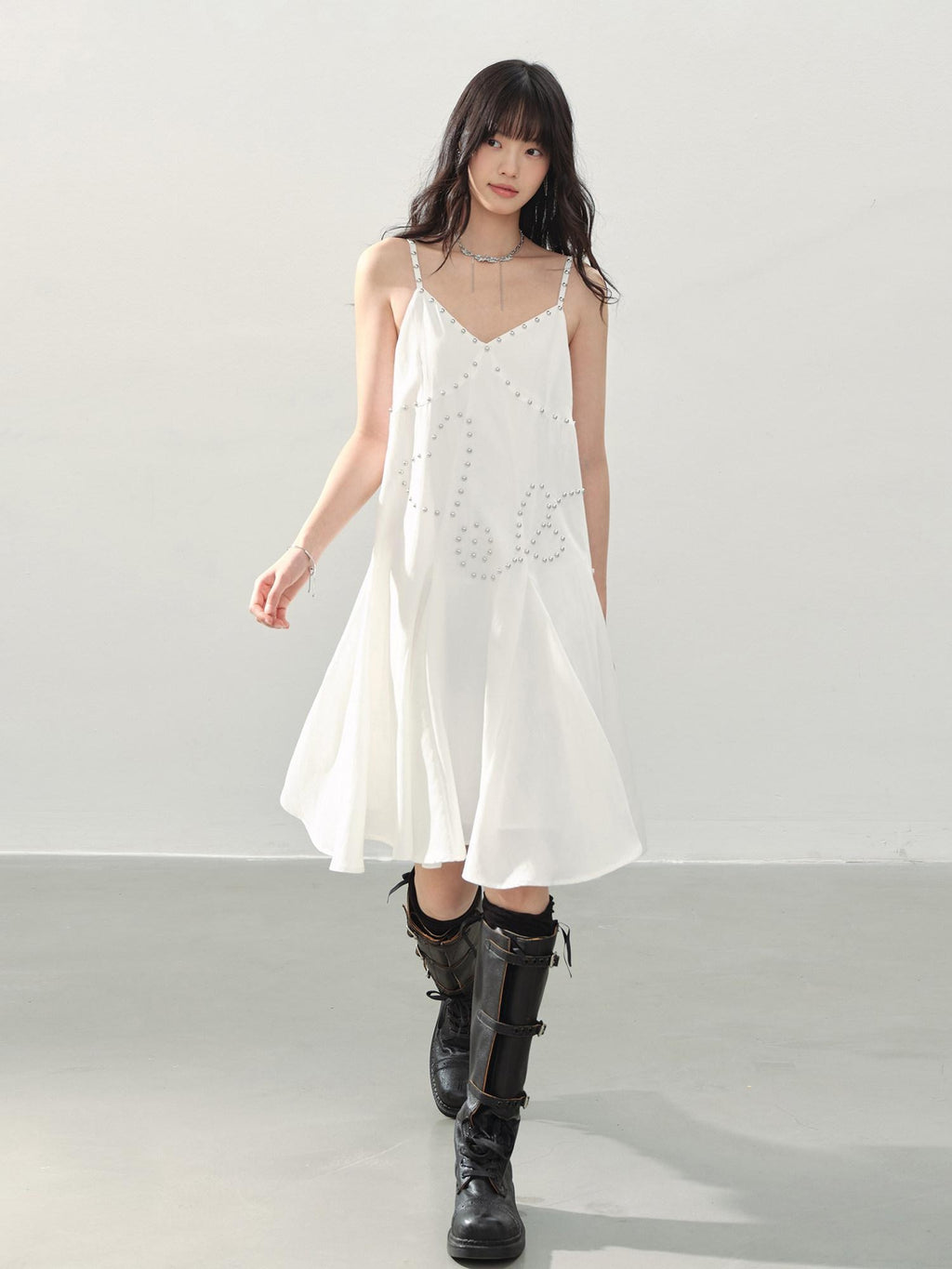 DDGIRL studio Soft Beaded Girly A Line V-neck Spaghetti Strap Cotton Wedding Midi Dresses