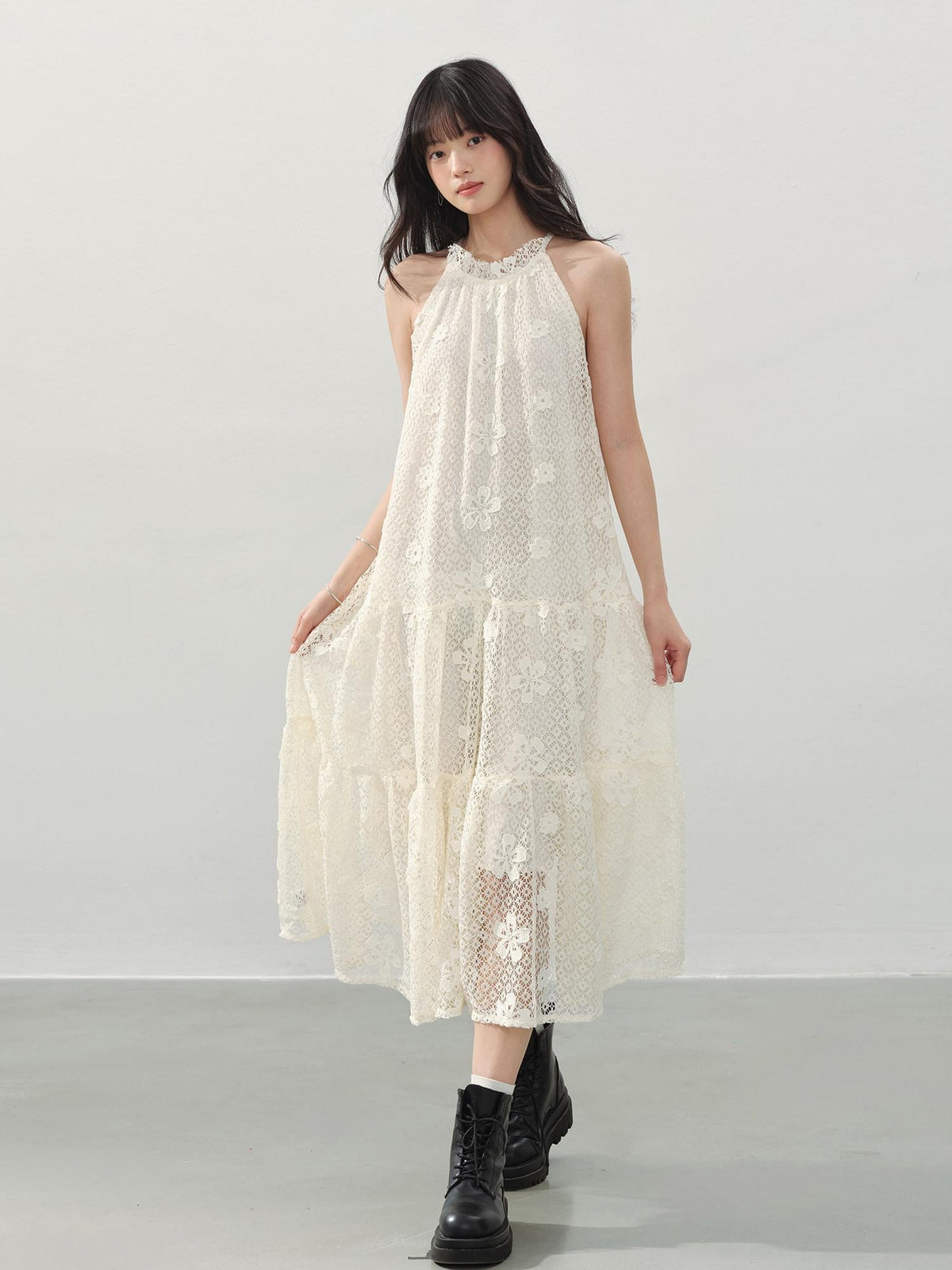 DDGIRL studio Soft Breathable Eyelet A Line Girly Sleeveless Vacation Cream Midi Dresses