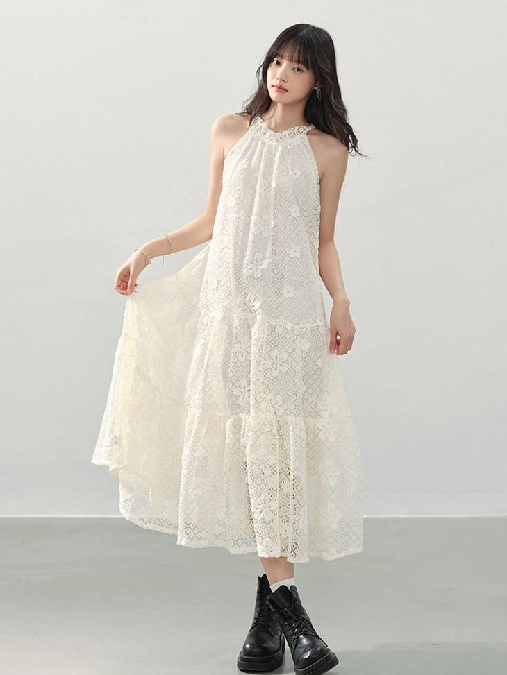 DDGIRL studio Soft Breathable Eyelet A Line Girly Sleeveless Vacation Cream Midi Dresses