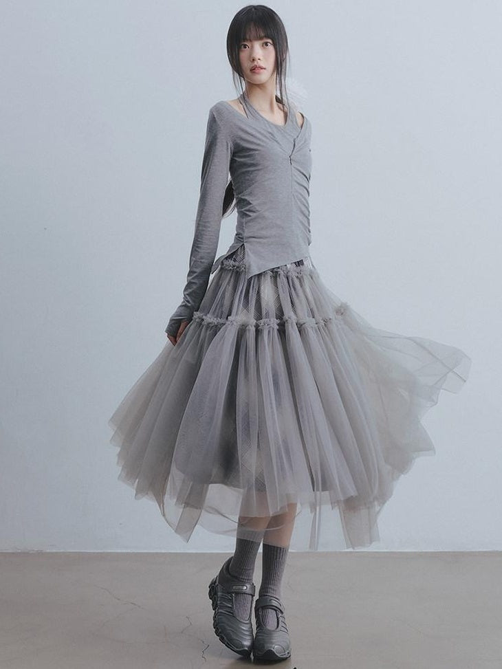 DDGIRL studio Non Deforming High Waist Mesh Patchwork Pleated Lined Women Gray Midi Skirts