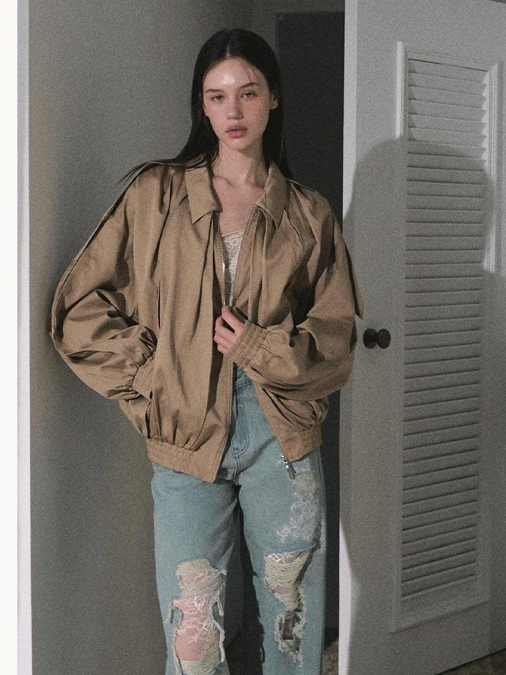7 OAKMOO Cooling Tencel Loose Fit Casual Stand Collar Zip Women Palm Khaki Short Coat