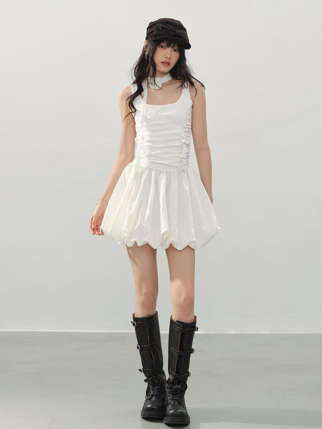 DDGIRL studio Soft Stretch Cotton Sweet Ruffle A Line Sleeveless U Neck Mid Waist Mini Dresses