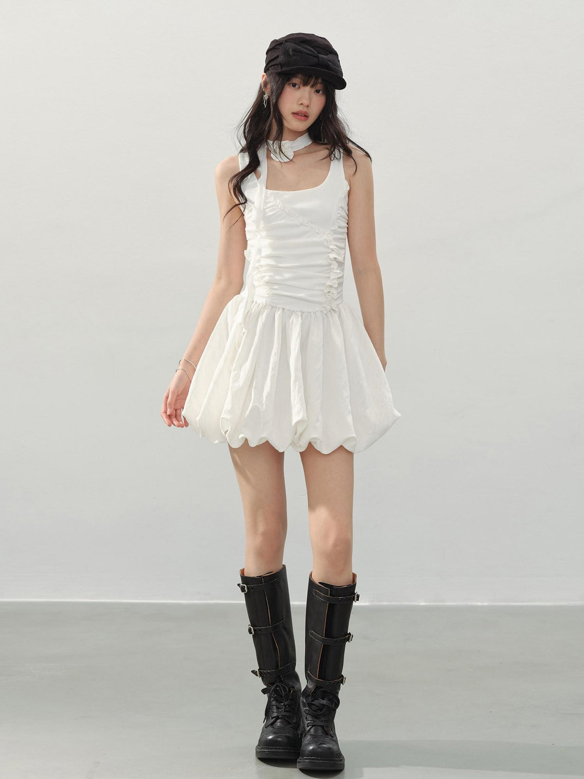 DDGIRL studio Soft Stretch Cotton Sweet Ruffle A Line Sleeveless U Neck Mid Waist Mini Dresses