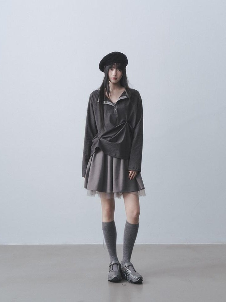 DDGIRL studio Moisture Wicking Long Sleeve Tee Commuter Solid Dark Gray Top & Skirt Sets