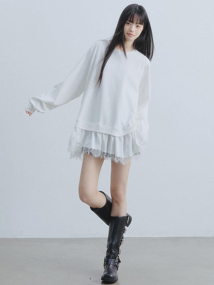 DDGIRL studio Soft Patchwork Loose Sweatshirt Girly Oversized Long Sleeve White Mini Dresses