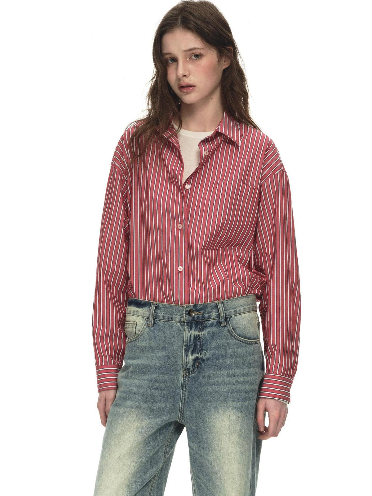 Country Moment 100% Cotton Vintage Oversized Red Stripe Button Long Sleeve Women Shirts