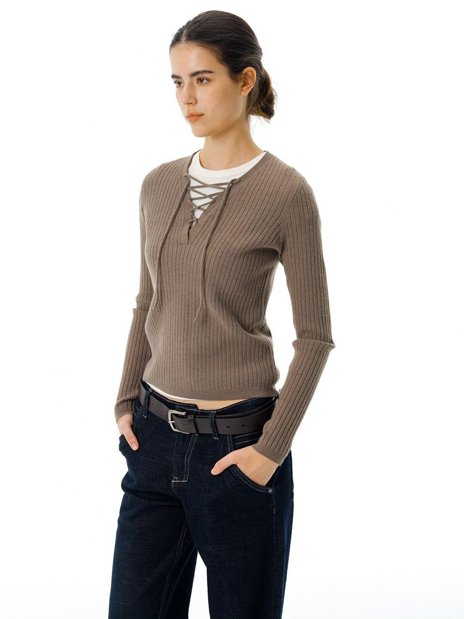 Country Moment Soft Tie V-neck Slim Knit Casual Breathable Daily Wear Women Acrylic Sweaters