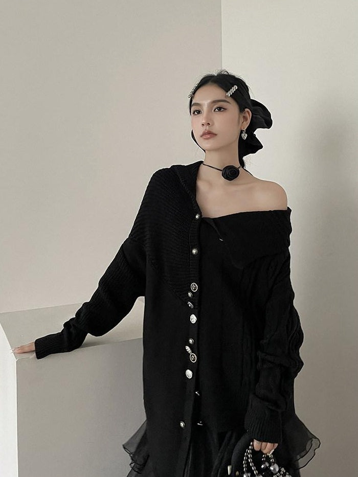 DDGIRL studio Soft Cotton Mix Loose Side Slit Office One Size Mid Length Black Cardigans