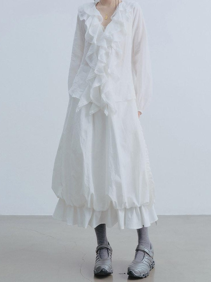 DDGIRL studio Durable Cotton High Waist Ruffle Lantern Lined White Midi Skirts