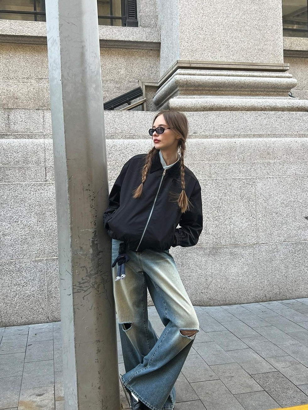Country Moment Dark Green Polyester Loose Fit Lapel Zip Long Sleeve Teen Daily Cropped Jackets
