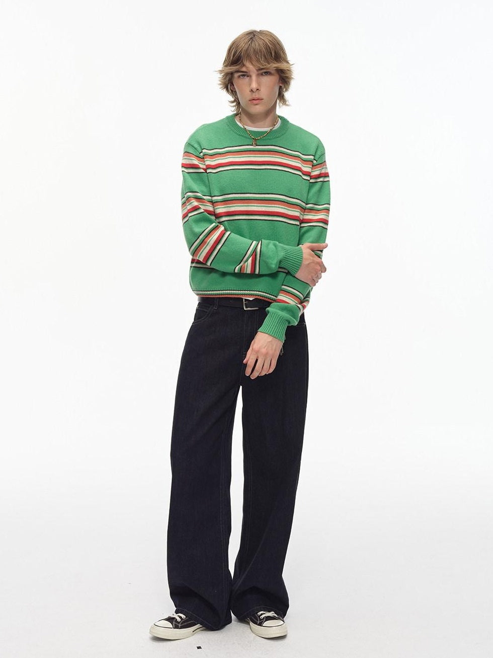 Country Moment Warm Wool Blend Colorful Striped Crew Neck Short Regular Fit Unisex Sweaters