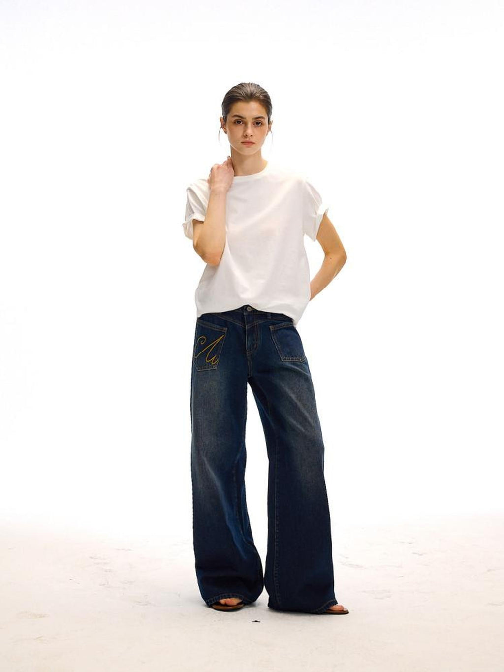 Country Moment High Waist Washed Denim Casual Loose Fit Zipper Fly Wide Leg Jeans