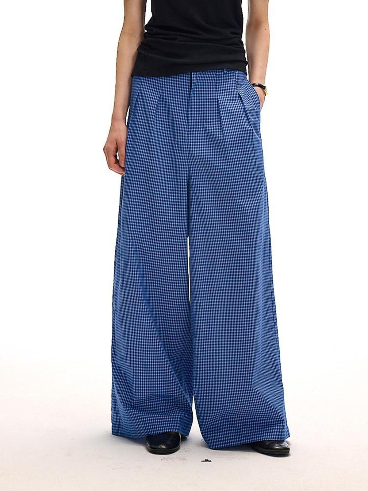 Country Moment 100 Percent Cotton Vintage Natural Waist Pockets Gem Blue Plaid Wide Leg Pants