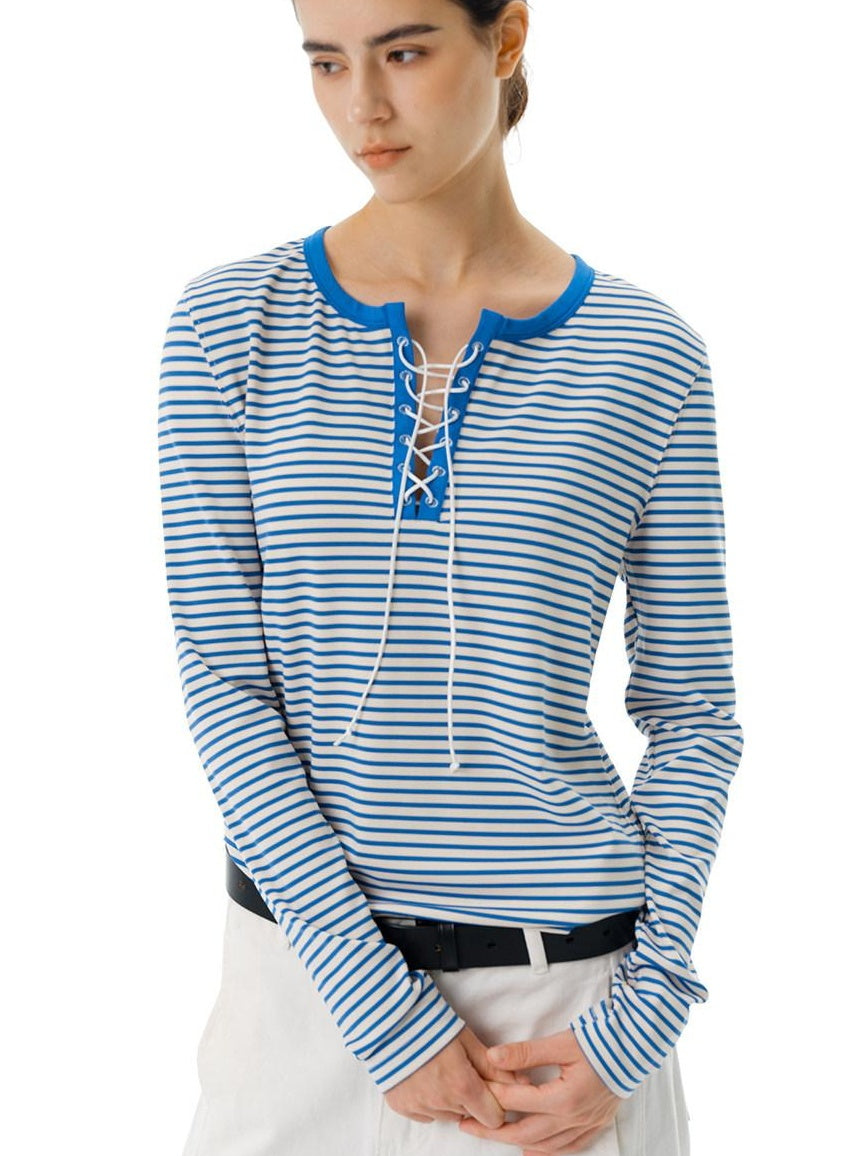 Country Moment Stretch Polyester Henley Tie Blue White Striped Unisex Long Sleeve T-Shirts
