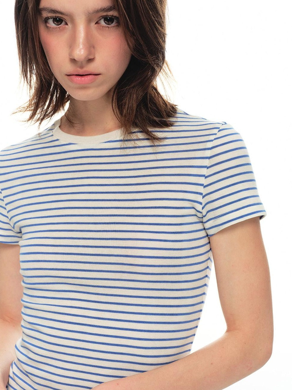Country Moment Lyocell Wool Blend Striped Slim Fit Women Navy Casual Short Sleeve T-Shirts