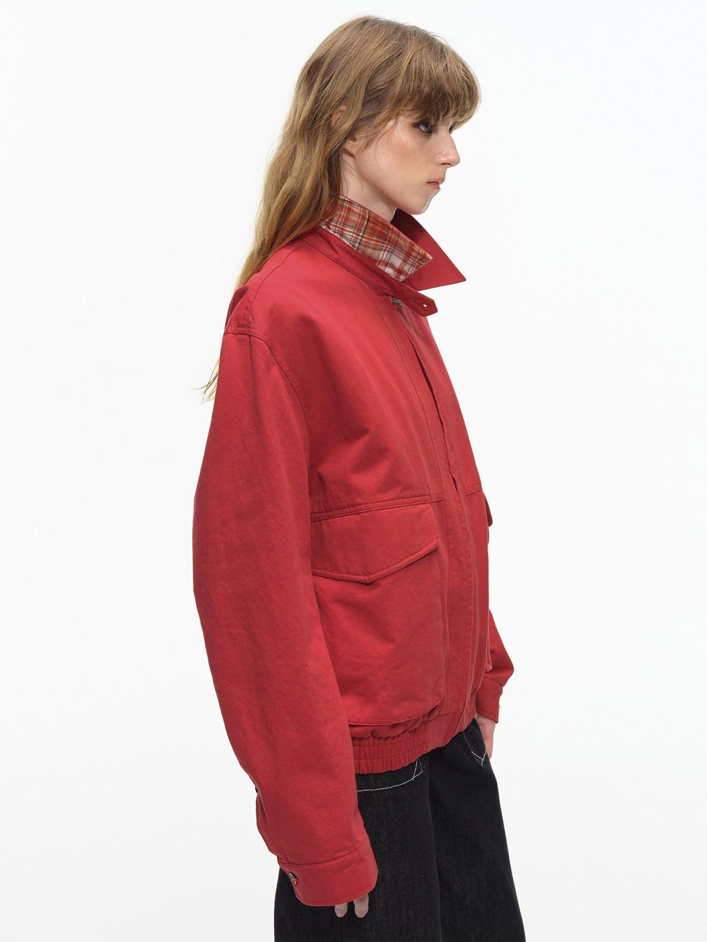 Country Moment Warm Pure Cotton Relaxed Fit Zip Front Rib Hem Unisex Chili Red Cropped Jackets