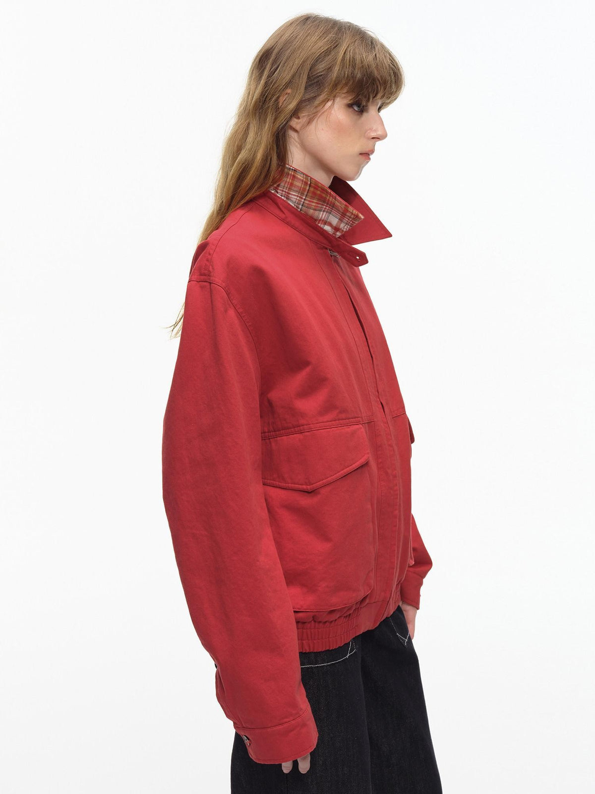 Country Moment Warm Pure Cotton Relaxed Fit Zip Front Rib Hem Unisex Chili Red Cropped Jackets