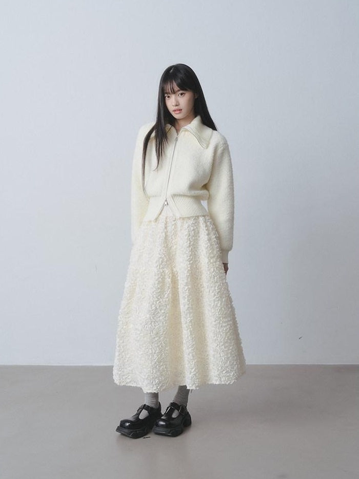 DDGIRL studio Cozy Warm Simple Daydream Waist Cinch Zip Cardigan Acrylic Blend Cream Sweaters