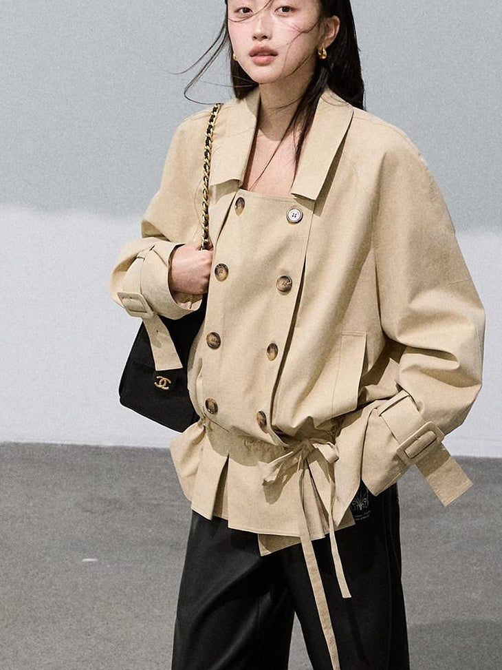 7 OAKMOO Cotton Lyocell Relaxed Midlength Double Breasted Commuter Khaki Trench Coats