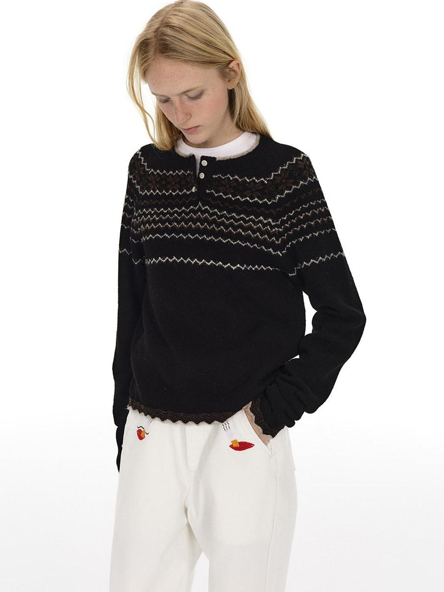 Country Moment Jacquard Henley Button Pullover Slim Fit Youth Wool Blend Striped Sweaters