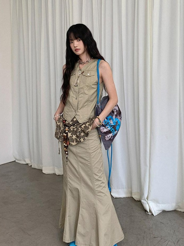 DDGIRL studio High Waist Cotton Fishtail Slim Casual Khaki Women Outdoor Maxi Skirts