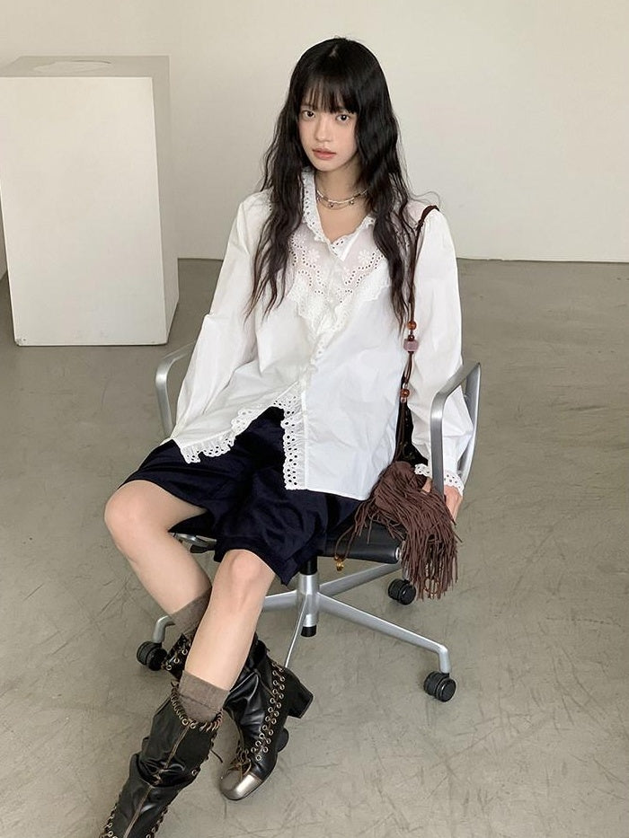 DDGIRL studio Cotton Ruffle Lace Loose V-neck Cardigan Office Casual Women Breathable Shirts