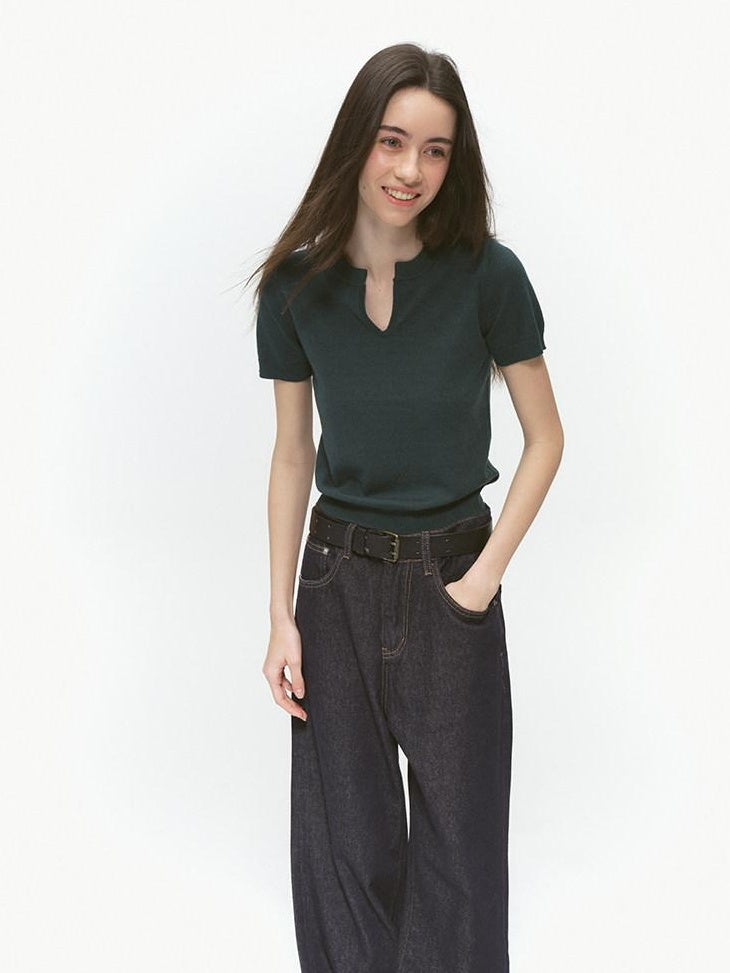Country Moment Silk Wool Blend Patchwork V-neck Slim Fit Work Olive Brown Short Sleeve T-Shirts
