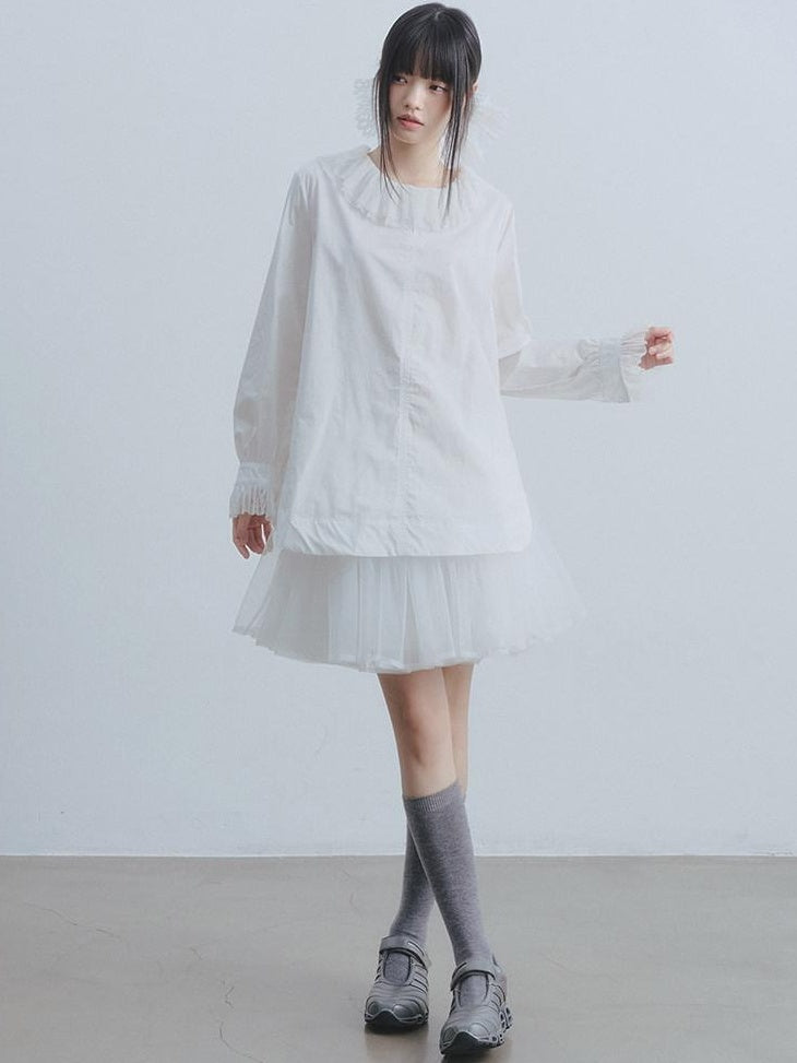 DDGIRL studio Breathable Cotton Lace Doll Collar Petal Sleeve Long Loose Commuter White Shirts