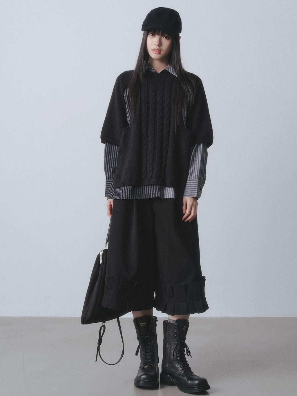 DDGIRL studio Warm Openwork Striped Knit Two Piece Loose Fit Collared Women Sweaters