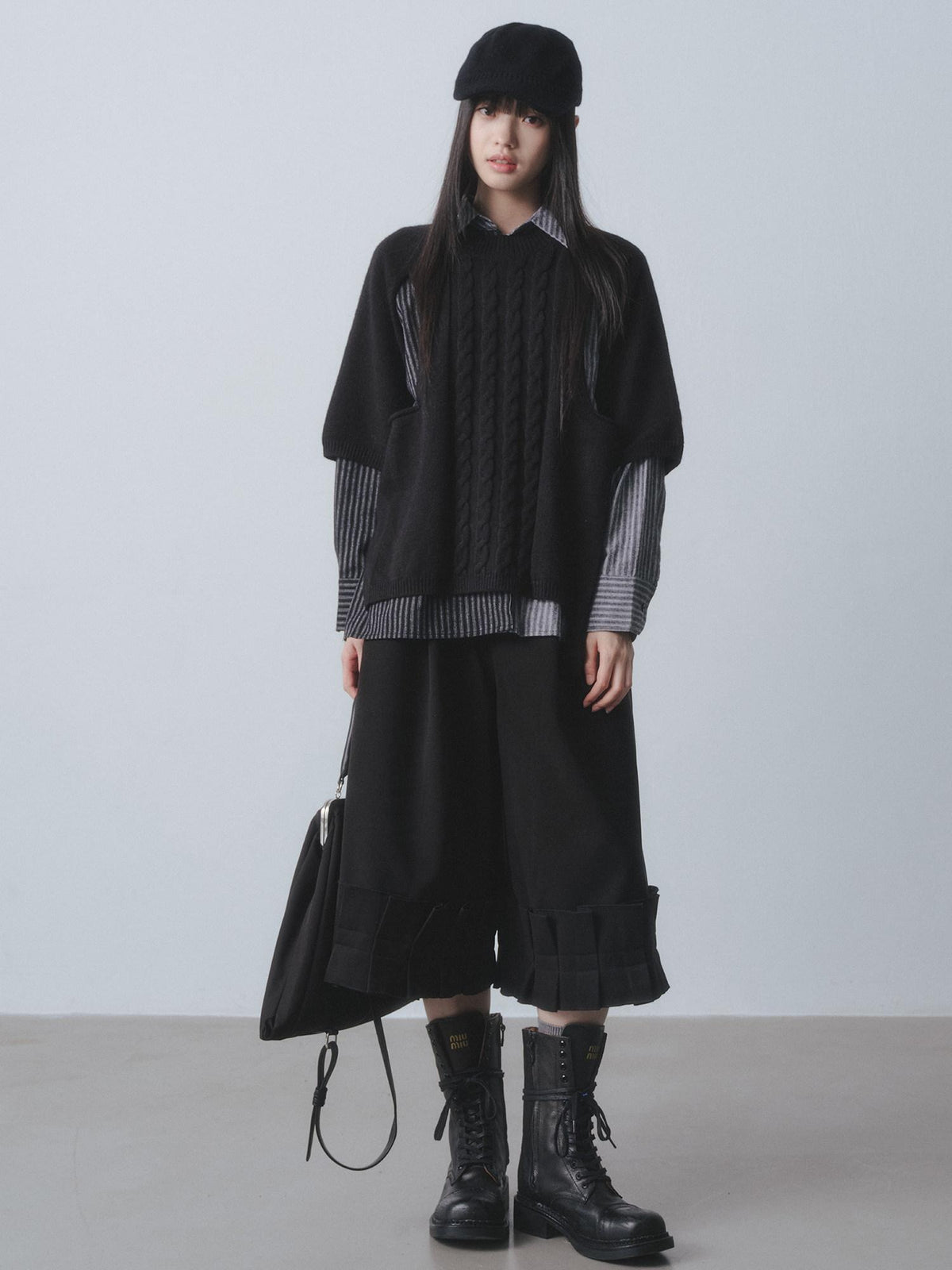 DDGIRL studio Warm Openwork Striped Knit Two Piece Loose Fit Collared Women Sweaters