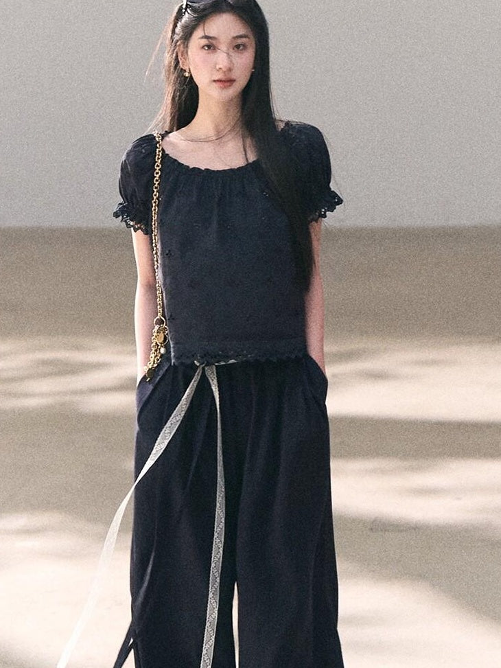 7 OAKMOO Lyocell Linen Breathable Casual Natural Waist Straight Navy White Wide Leg Pants